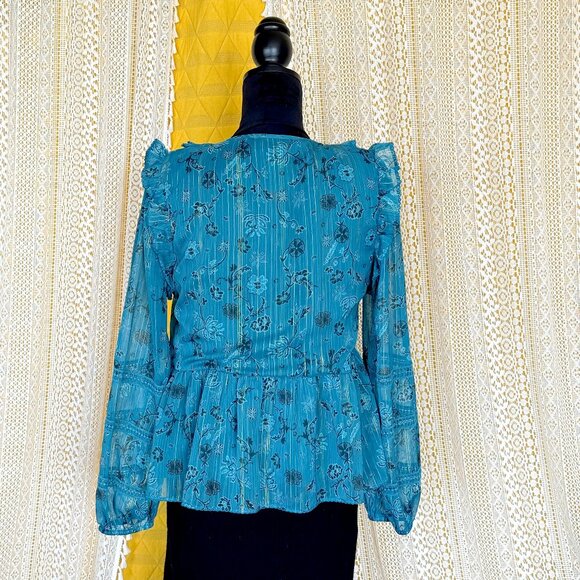 Cleobella Teal & Gold Metallic Floral Ruffle Long Sleeve Chiffon Blouse Size L - Picture 7 of 15